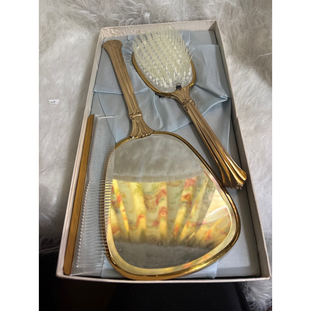 Vintage Vanity Set Women Gold Cream Paisley Embroidered Mirror Brush Comb Boxed